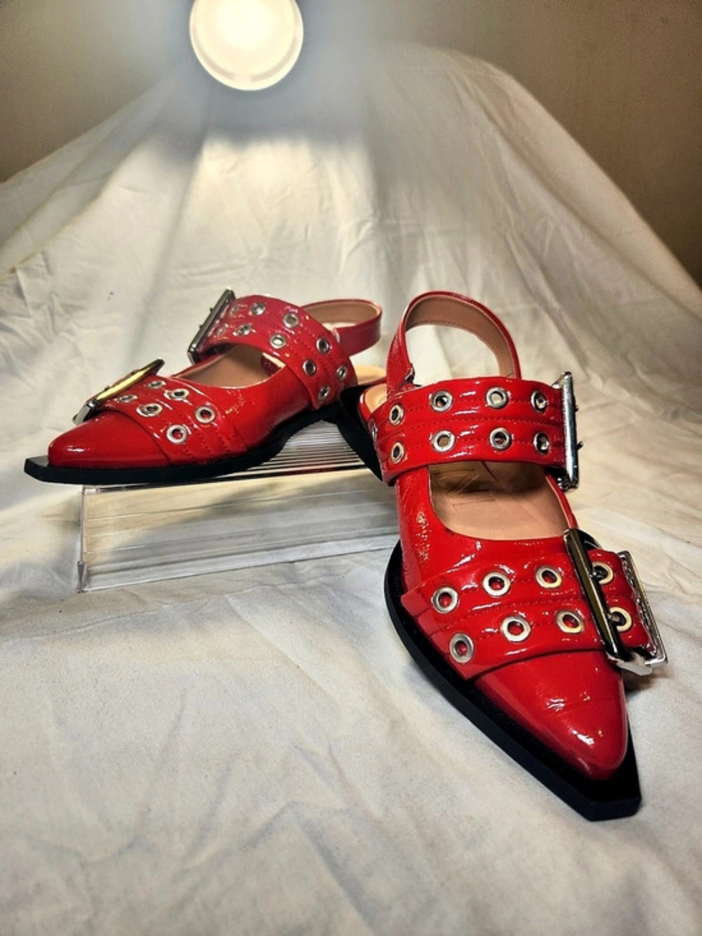 GANNI Red Patent Wide Welt Buckled Ballerina Slingback Flats Size 36 (US 6))
